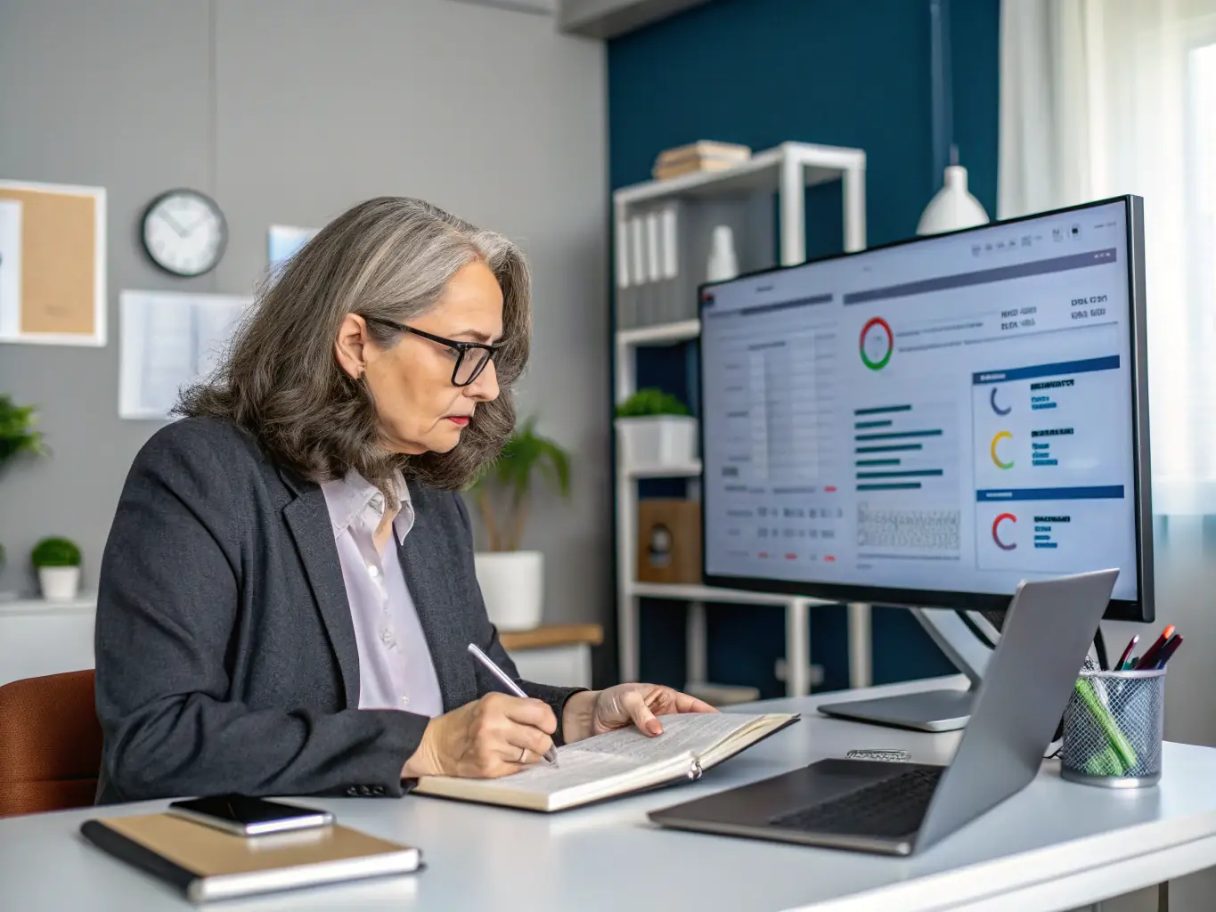 A project manager using ConnectWorks' project management tools to track progress, communicate with clients, and ensure timely delivery of a tech project.